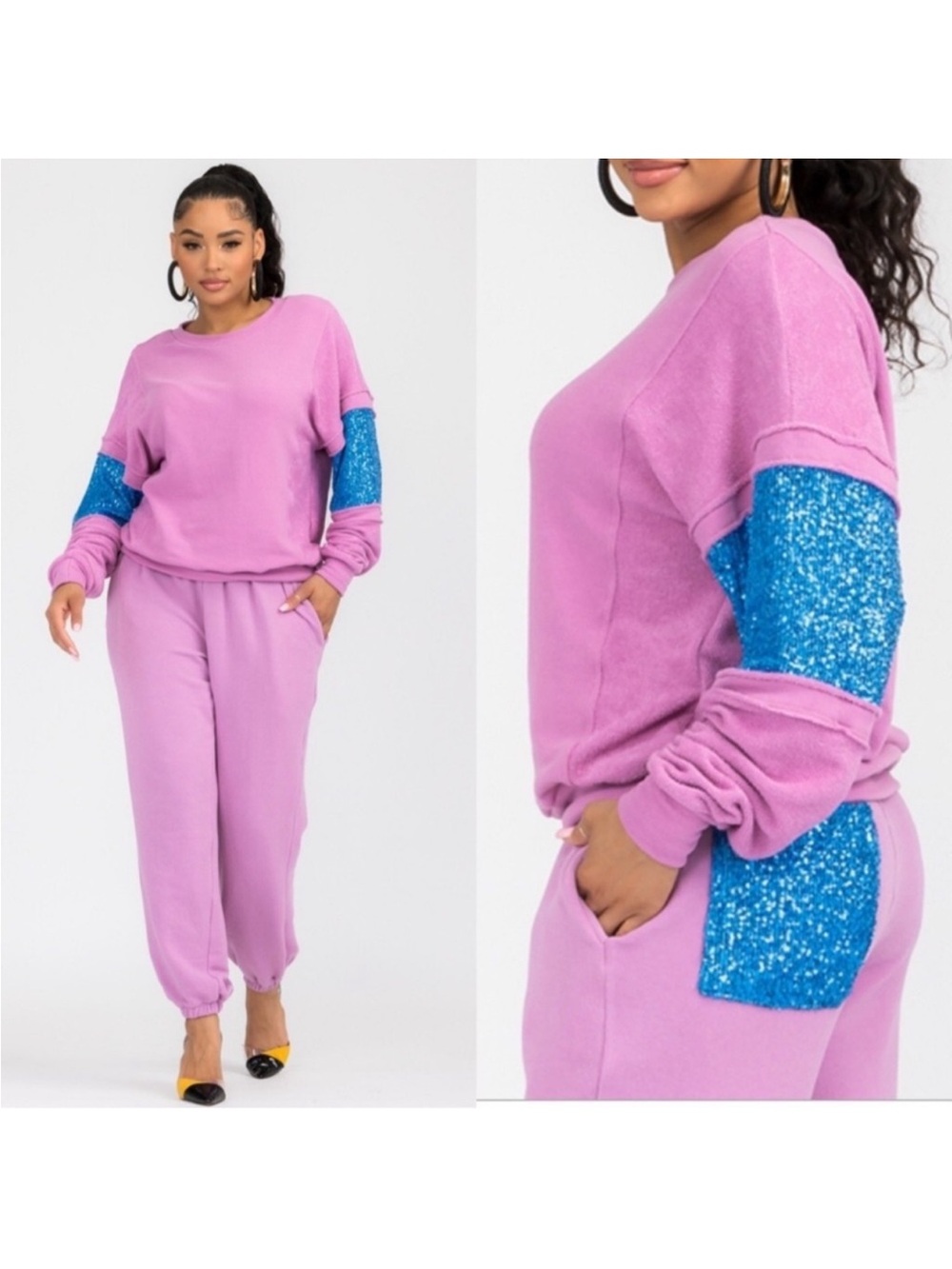 Women's Lavender Sequined Sleeve Sweatshirt & Jogger Set